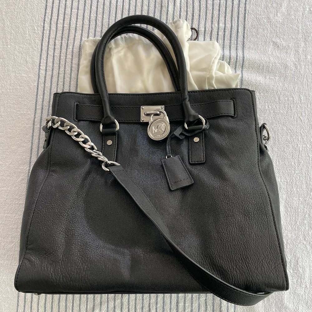 Michael Kors Hamilton Large Leather Shoulder Tote Bag Black Silver Hardware